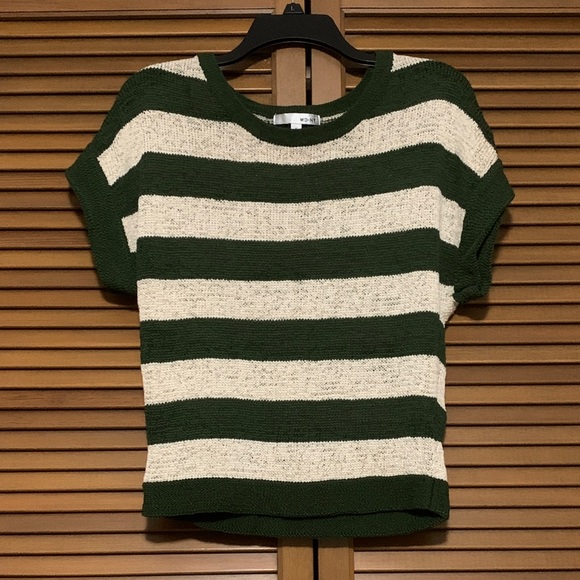 WD NY Green Beige Thick Striped Knit Short Sleeve Sweater Top M - Picture 1 of 4